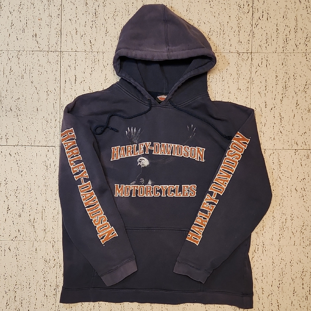Harley Davidson Eagle Graphic Sleeve Spellout Pullover Hoodie Sweater Vintage